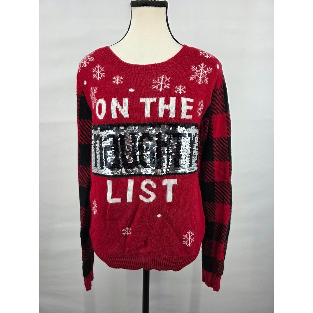 No Boundaries Womens Christmas Sweater Red Buffalo Plaid Naughty Nice Sequin L
